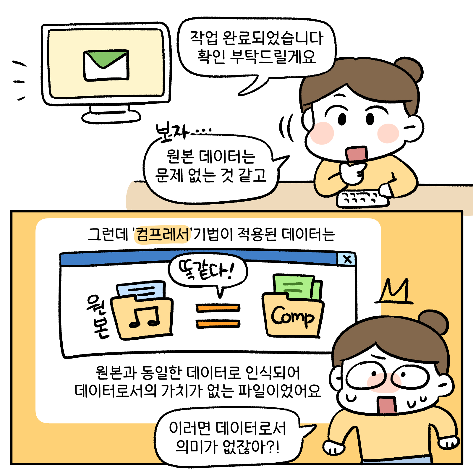작업완료되었습니다. 확인 부탁 드릴께요. 원본데이터는 문제 없는것 같고 그런데 컴프레서 기법이 적용된데이터느 원본과 동일한 데이터로 인식되어 데이터로서의 가치가 없는 파일이었어요 이러면 데이터로서 의미가 없잖아?!