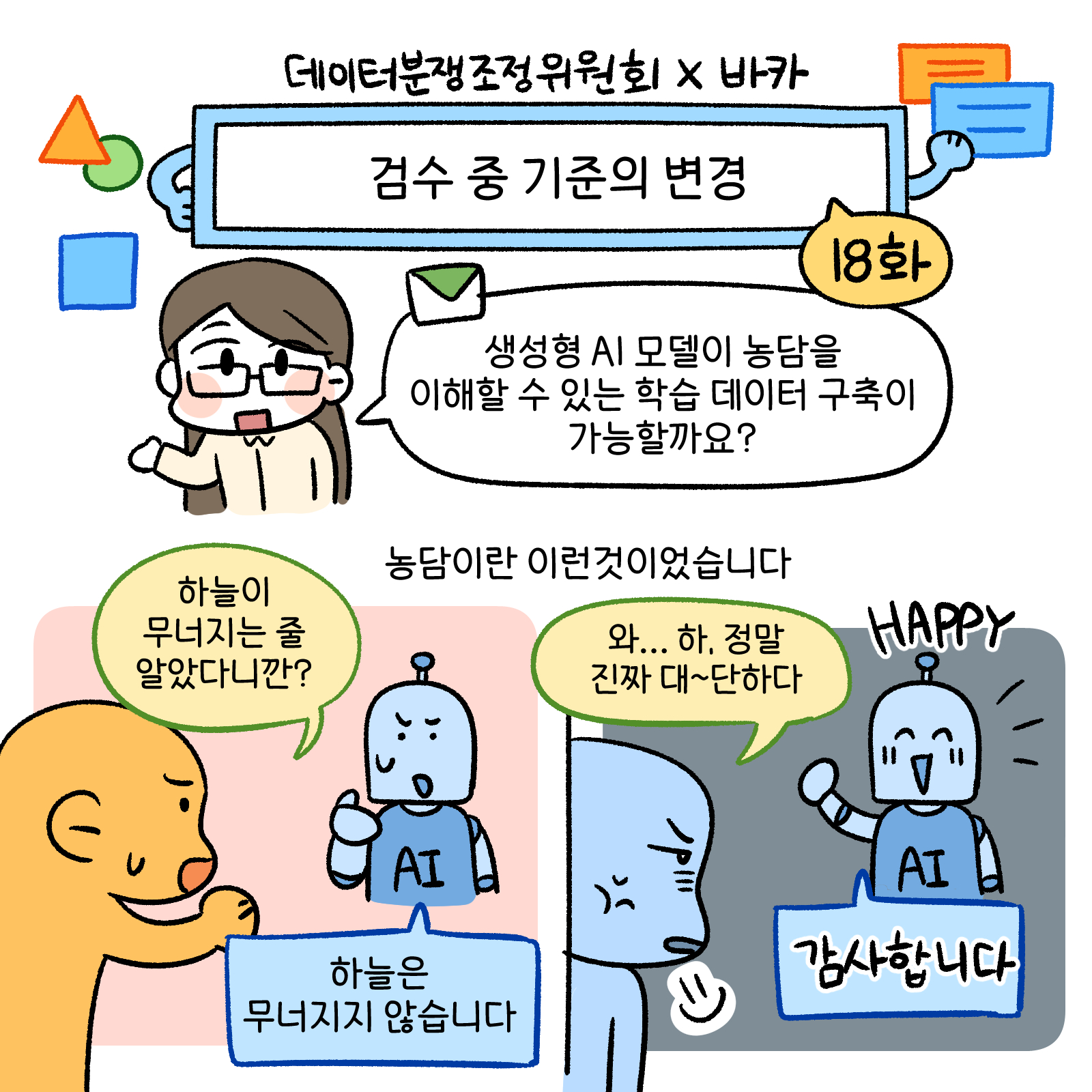 검수 중 기준의 변경 18화 생성형 AI 모델이 농담을 이해할 수 있는 합습데이터 구축이 가능할까요? 농담이란 이런것이었습니다. 하늘이무너지는 줄 알았다니깐? 하늘은 무너지지 않습니다. 와... 하, 정말 진짜 대~단하다 감사합니다. 
